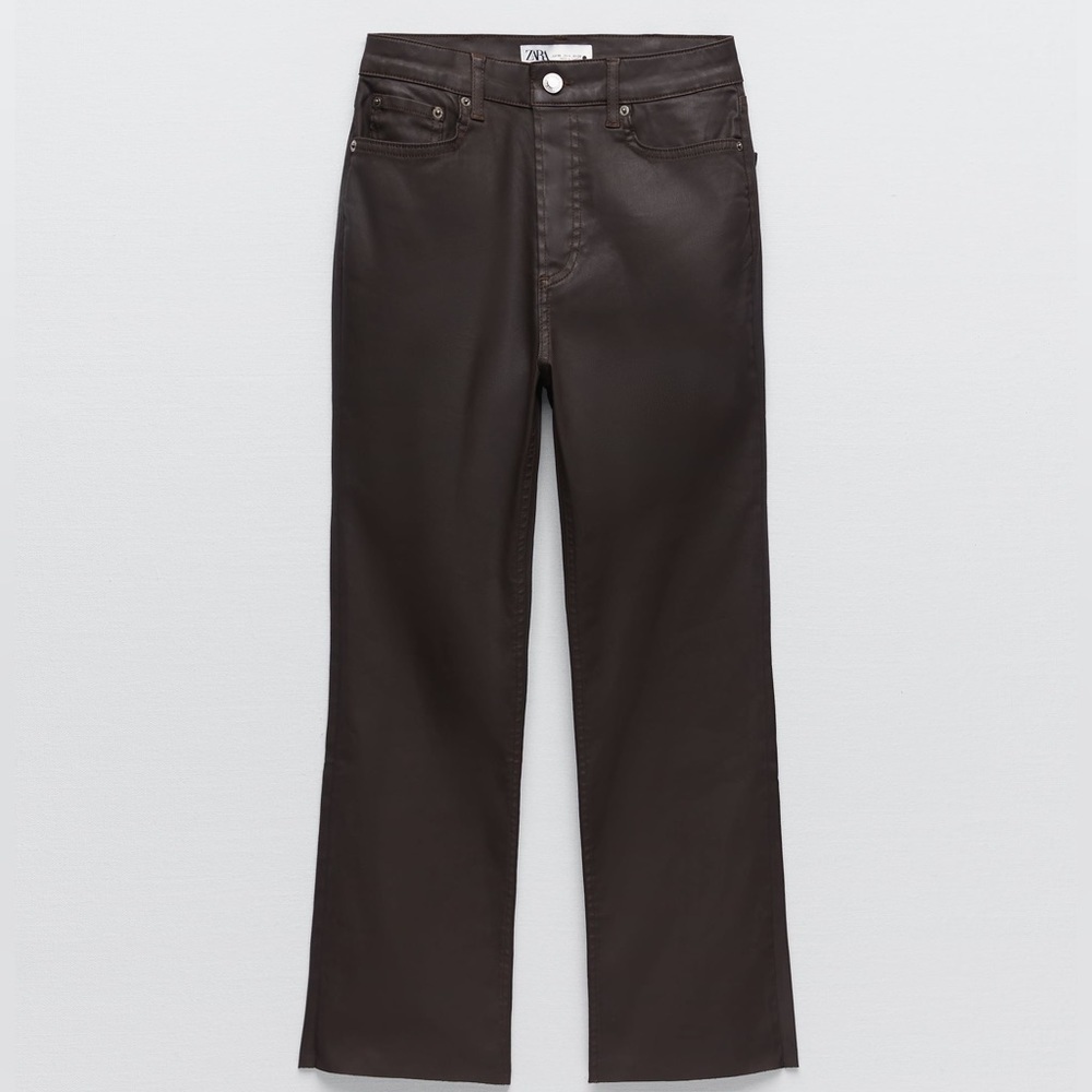 Zara The Dreed Flare chocolate brown coated jean pant high rise 14